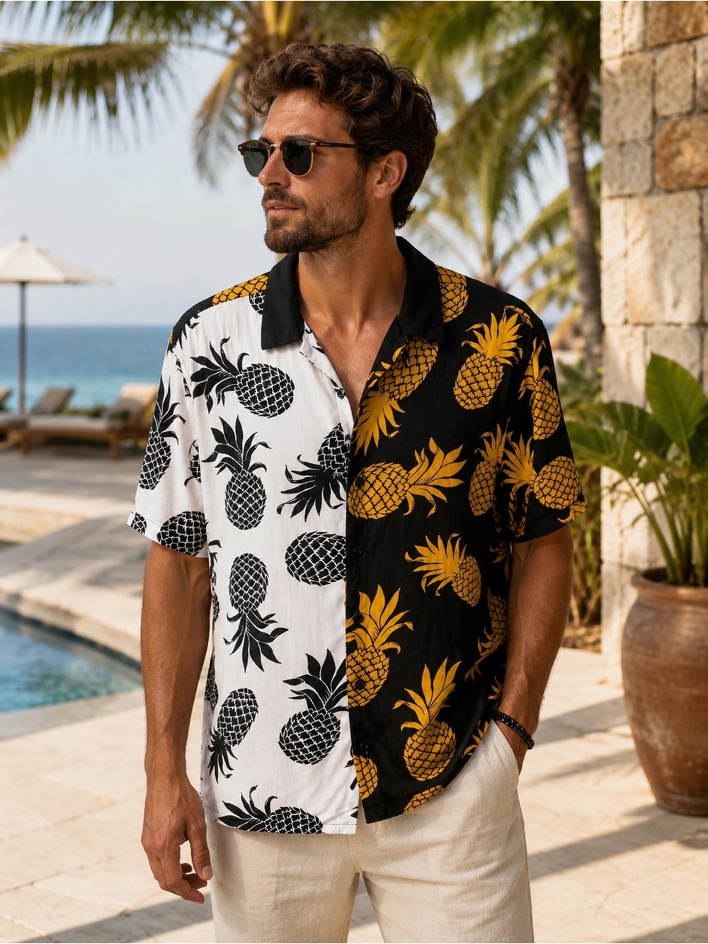 PACSUN Two Tone Pineapple Print Button Down Resortwear Shirt Size M